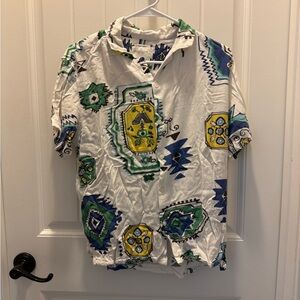 Denim & Flower White Short-Sleeve Button-Down with Green, Blue & Yellow Print